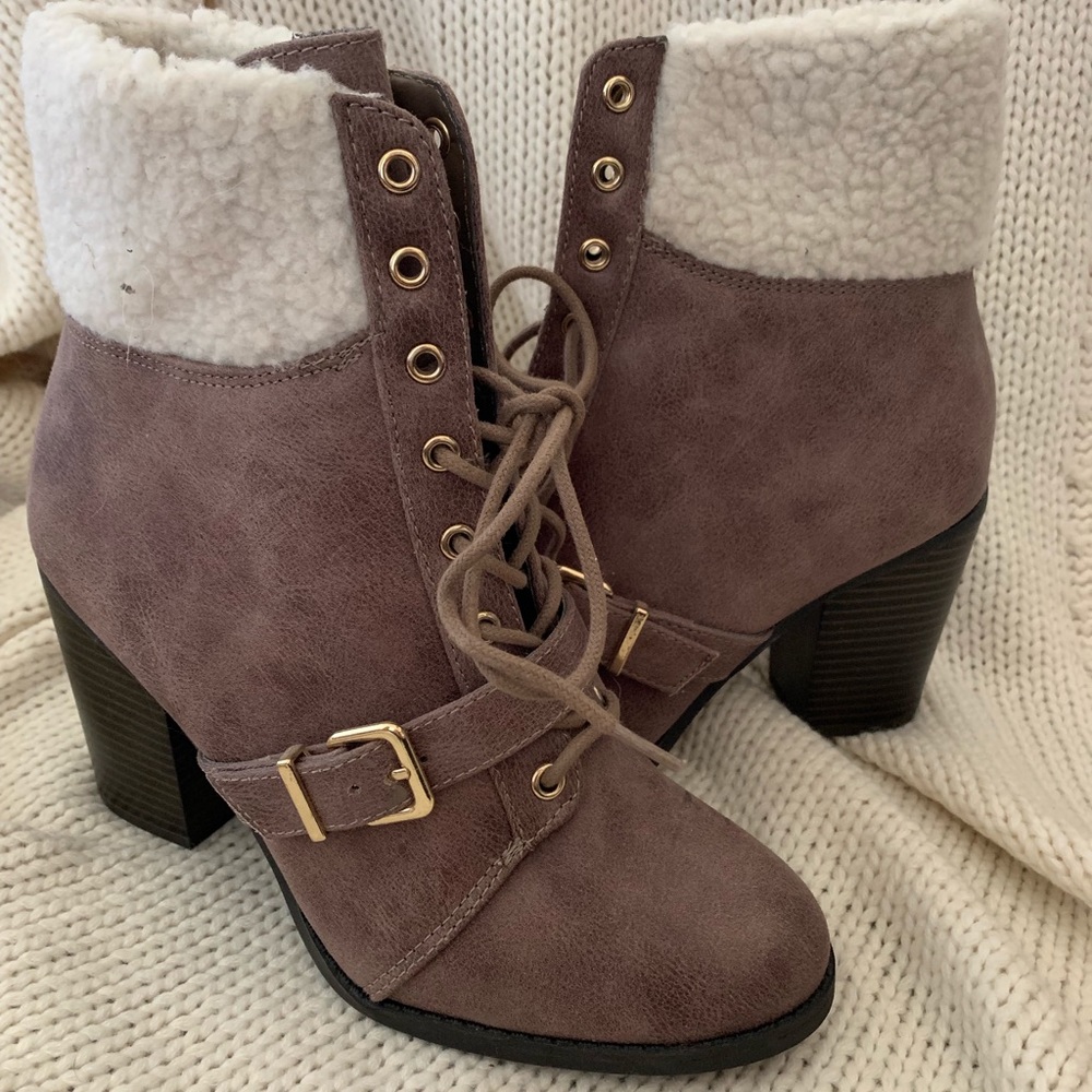 Lace Up Faux Leather & Sheep Fur Booties